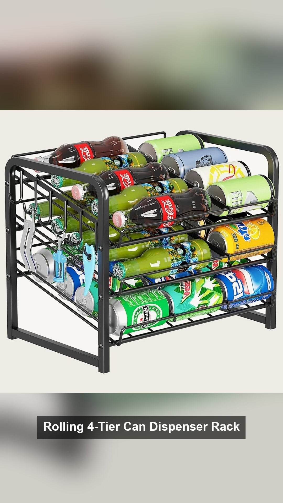 Rolling 4-Tier Can Dispenser Rack Carbon Steel Pantry