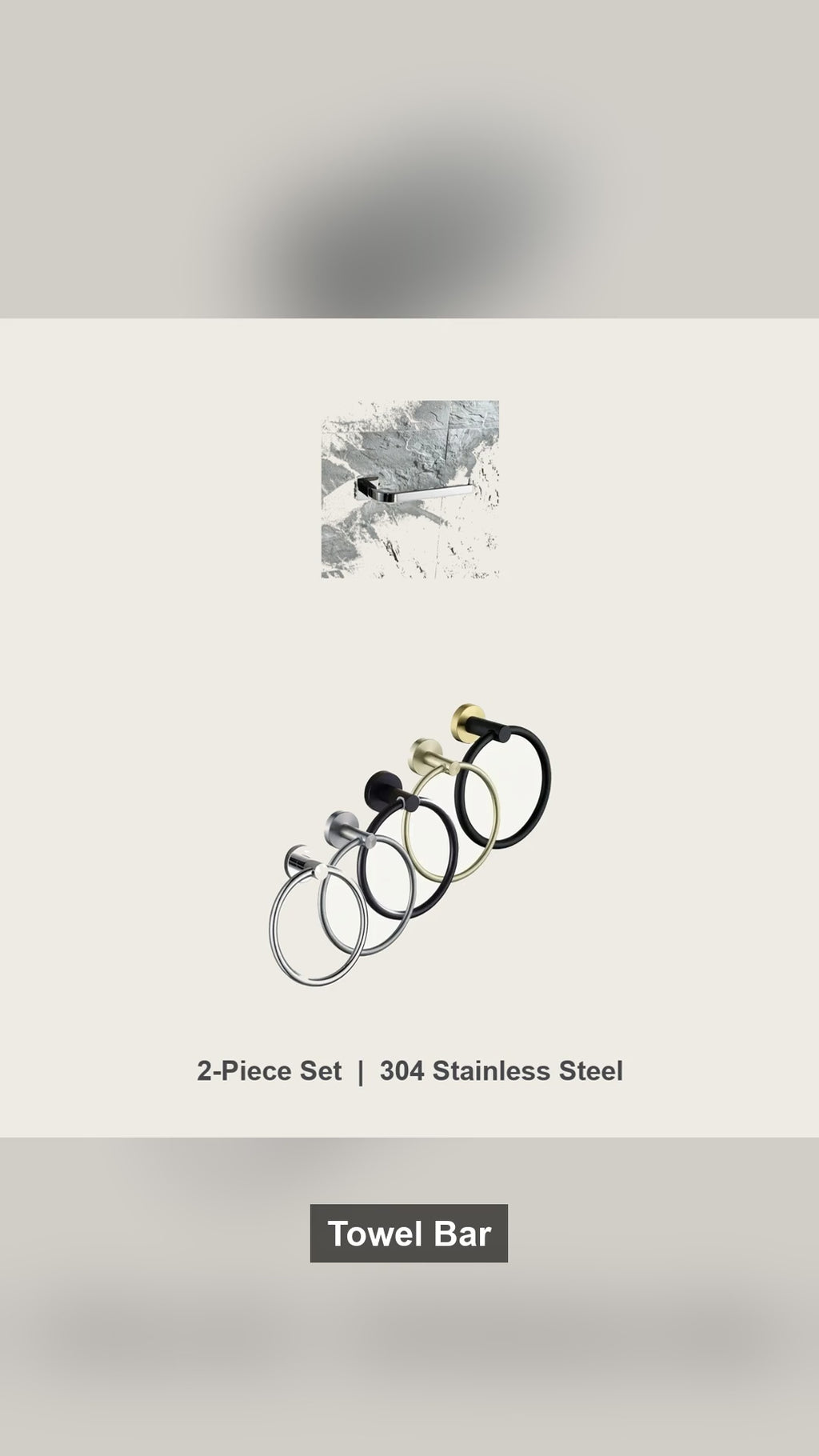 2-Piece Bathroom Towel Set, 304 Stainless Bar & Ring