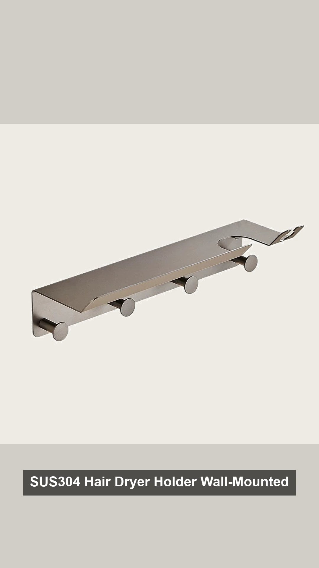 SUS304 Hair Dryer Holder Wall-Mounted with Shelf & Hooks