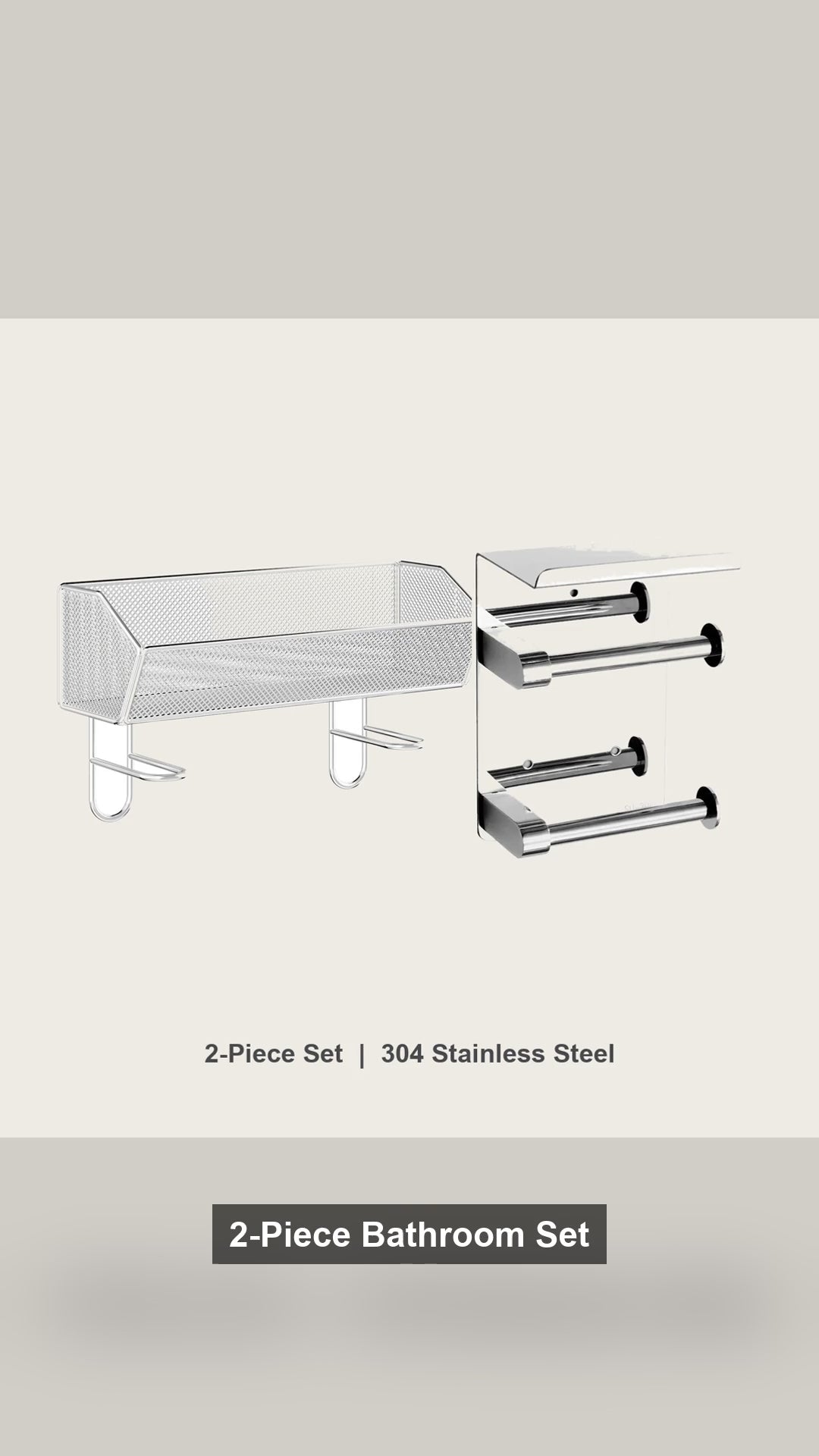 Over-the-Toilet Shelf & Paper Holder Set, 304 Stainless, No-Drill