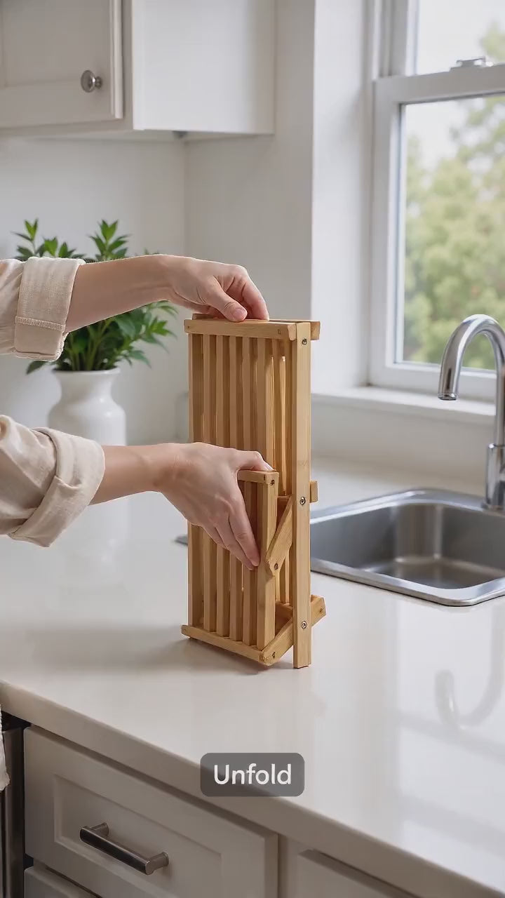Bamboo Dish Drying Rack, 2-Tier Folding, 17 in Wide, 15 Slots