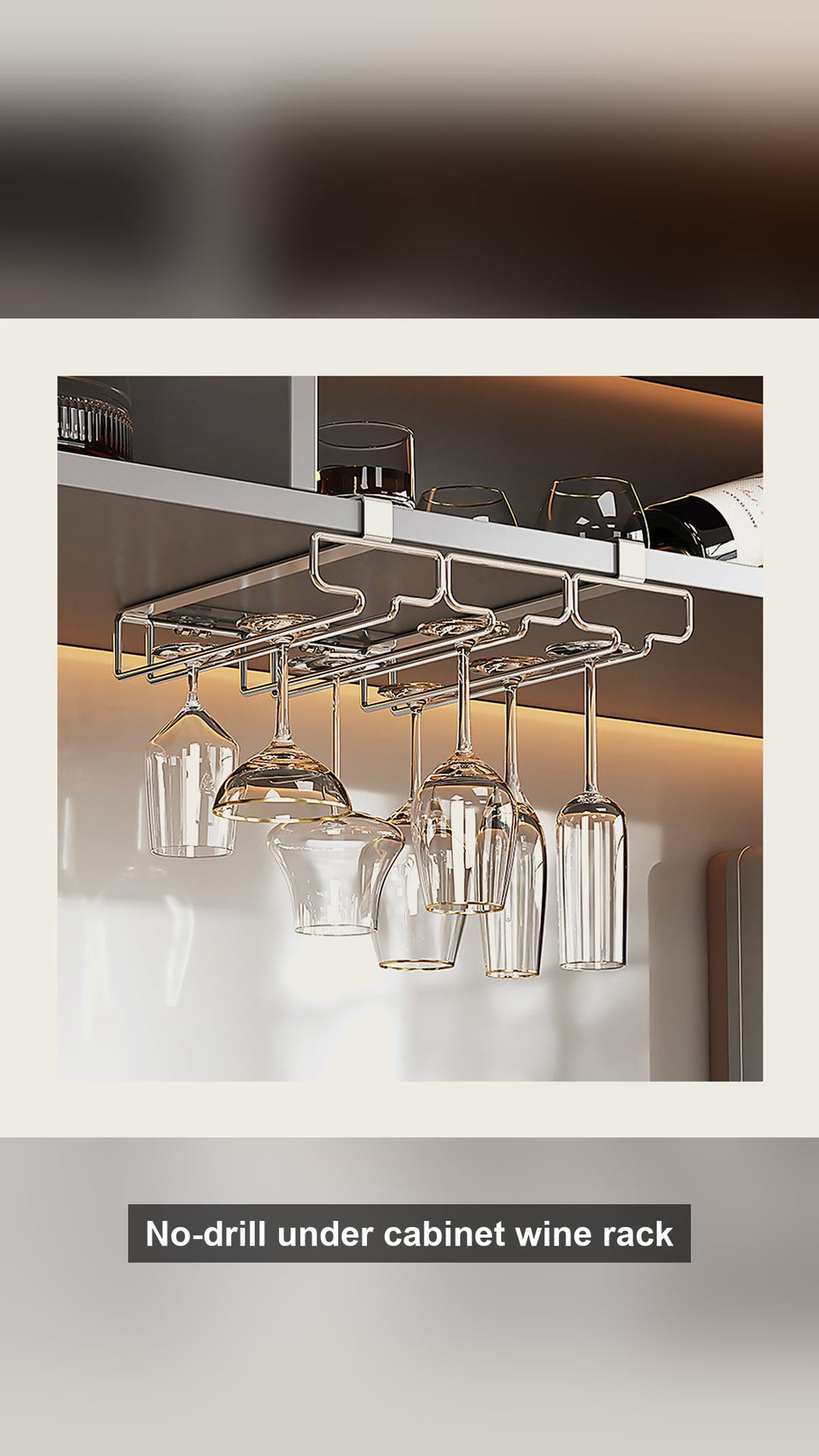 Under Cabinet Wine Glass Rack - No-Drill Hanging Stemware Holder (Holds 4-9 Glasses)