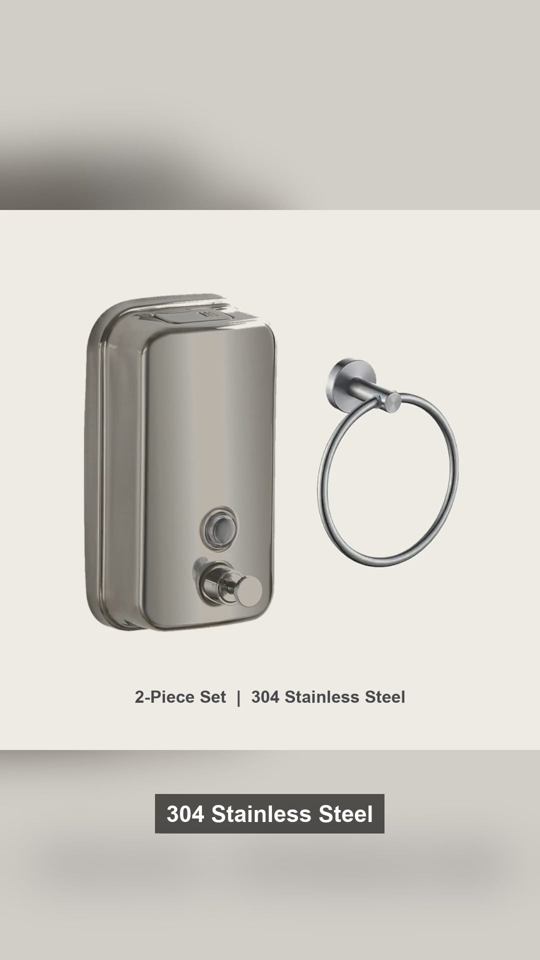 2-Piece Bathroom Set, 304 Stainless Steel - Soap Dispenser and Towel Ring, No-Drill Wall Mounted