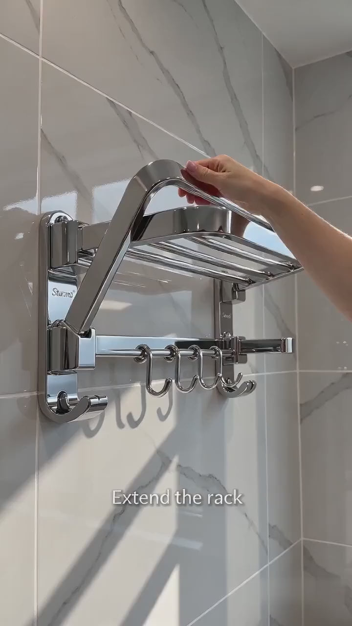304 Folding Towel Shelf, 2 Tier, 15.7 in, No-Drill Bathroom Rack